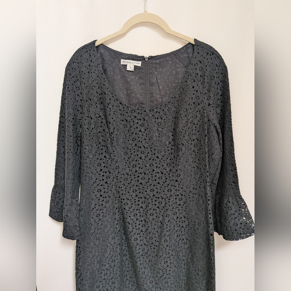Pendleton Black Floral Lace Eyelet Bell Sleeve Shift Dress Size 12 - Picture 5 of 14